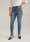 Front view of light wash slim leg jeans with high-rise waist by French Dressing Jeans (FDJ)