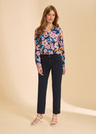 Floral blouse with navy pants full view by French Dressing Jeans (FDJ)