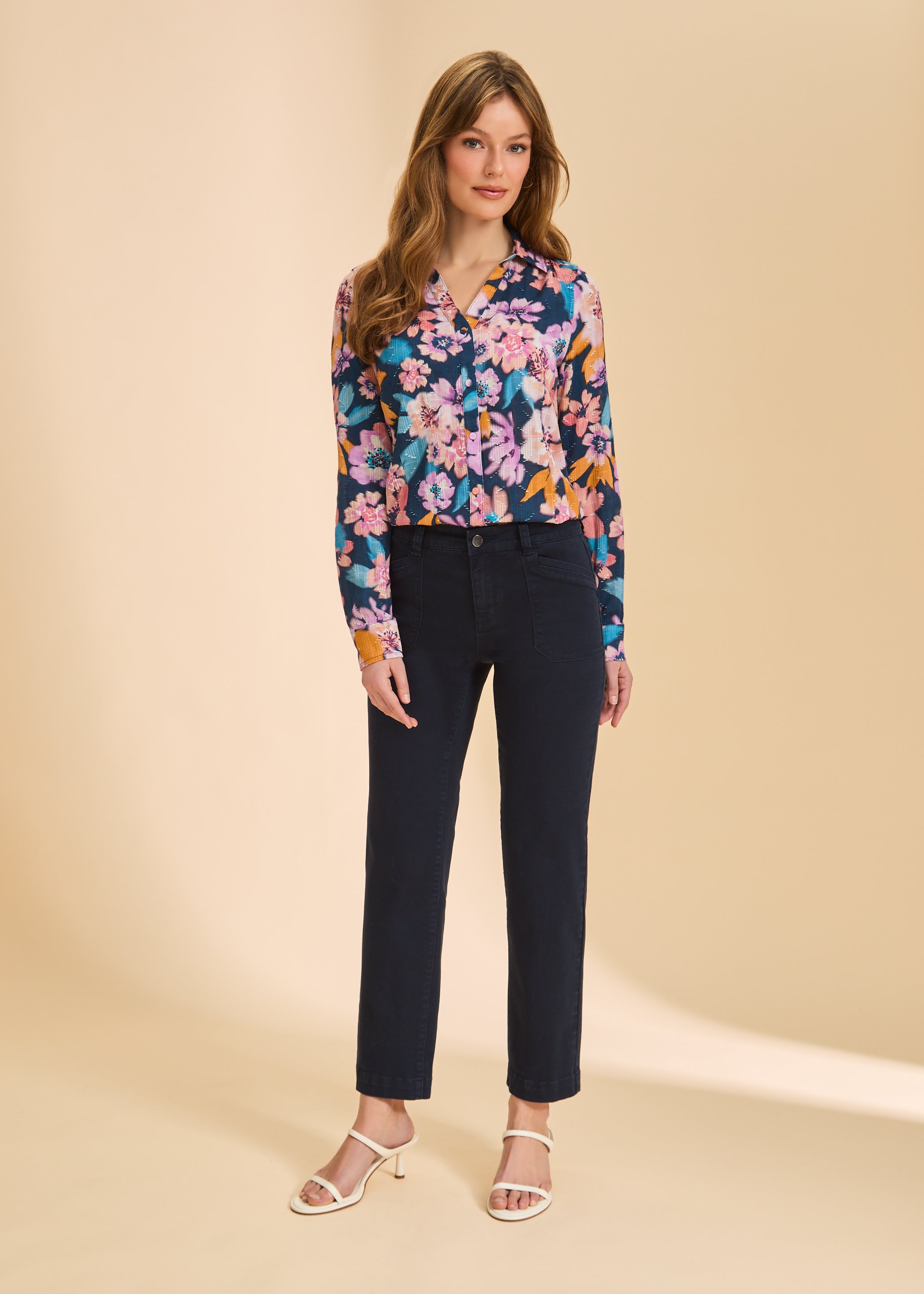 Floral blouse with navy pants full view by French Dressing Jeans (FDJ)