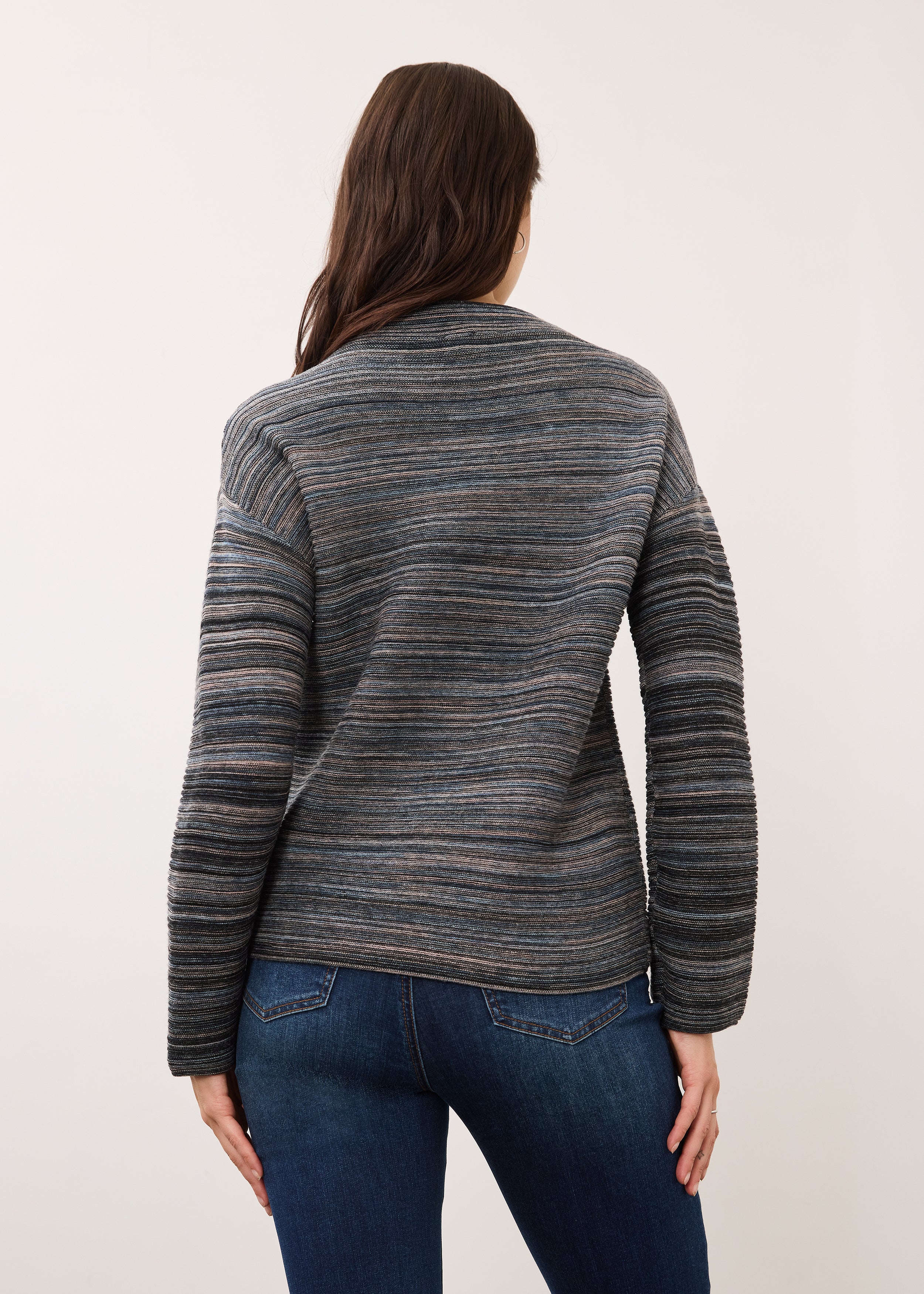 Back view of multicolored striped sweater showing fit by French Dressing Jeans (FDJ)