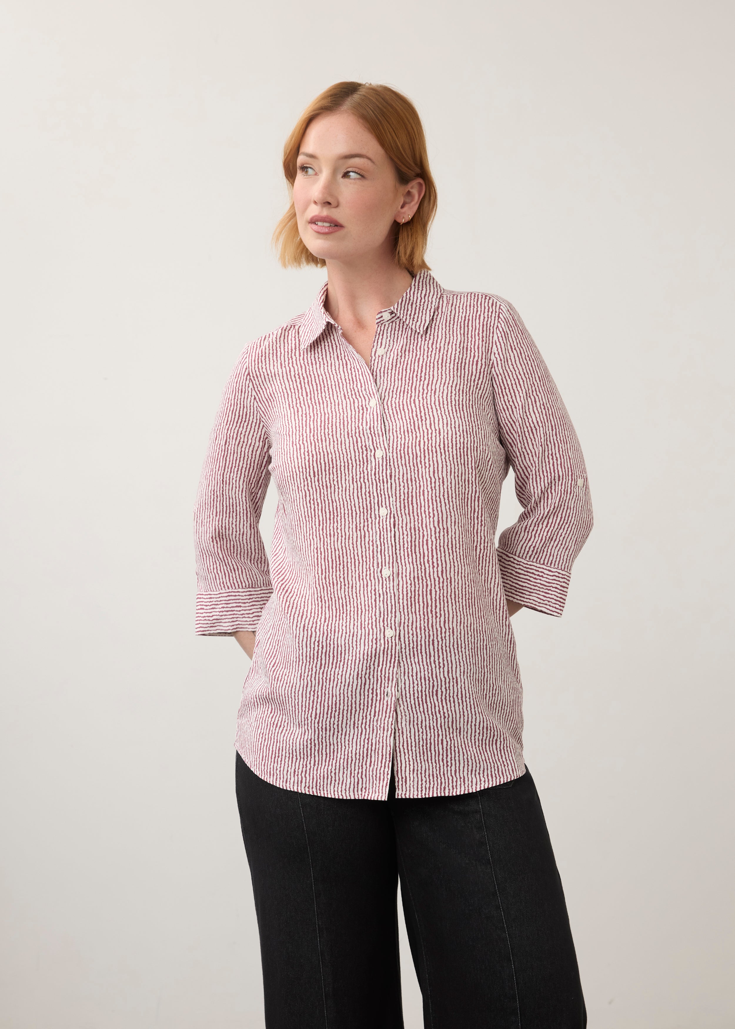 Front view of striped red and white shirt with button front by French Dressing Jeans (FDJ)
