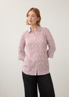 Front view of striped red and white shirt with button front by French Dressing Jeans (FDJ)