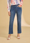 Front view of dark wash pull-on ankle jeans with a classic fit and vibrant blouse by French Dressing Jeans (FDJ)
