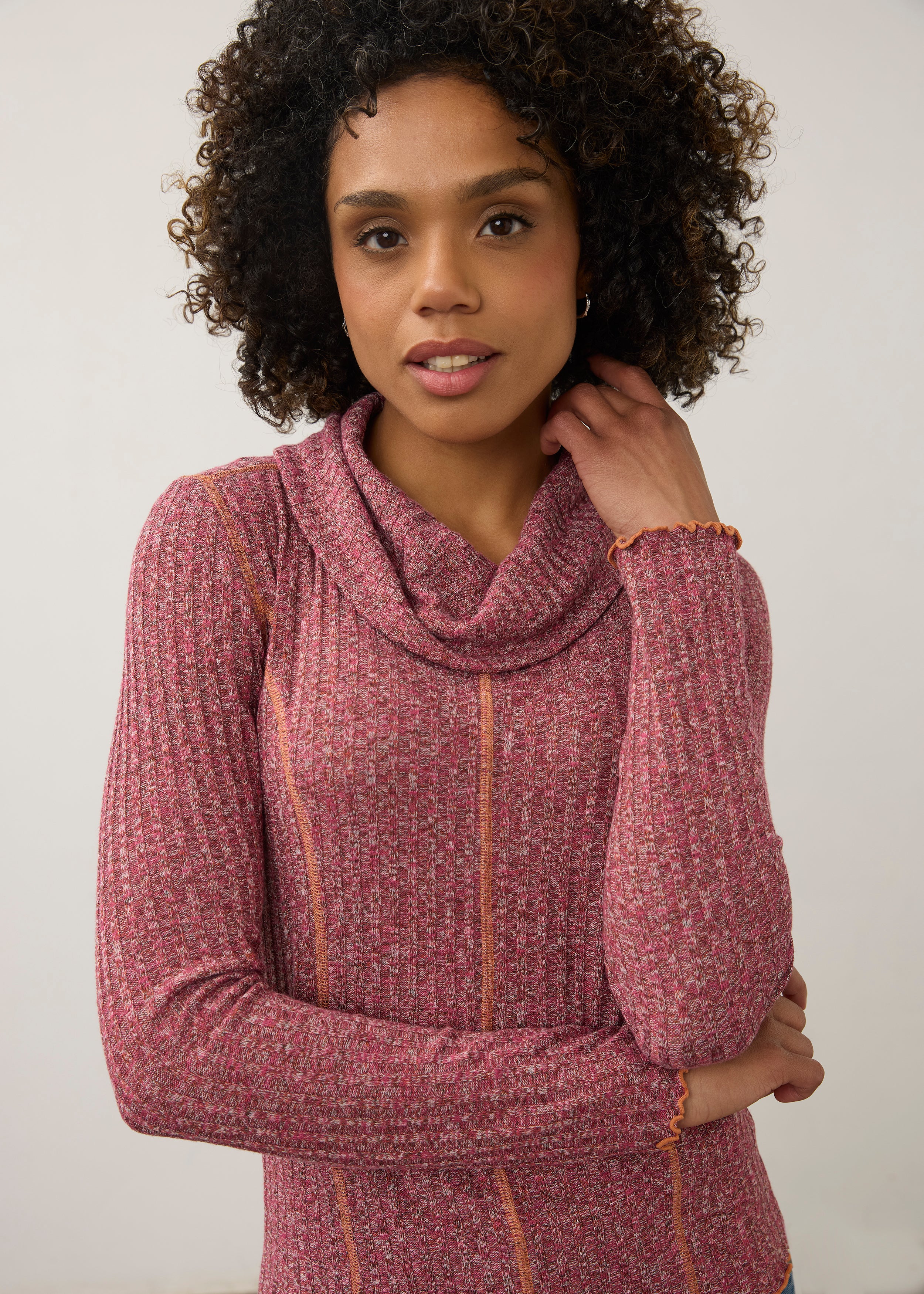 Close-up of pink cowl neck top highlighting soft fabric by French Dressing Jeans (FDJ)
