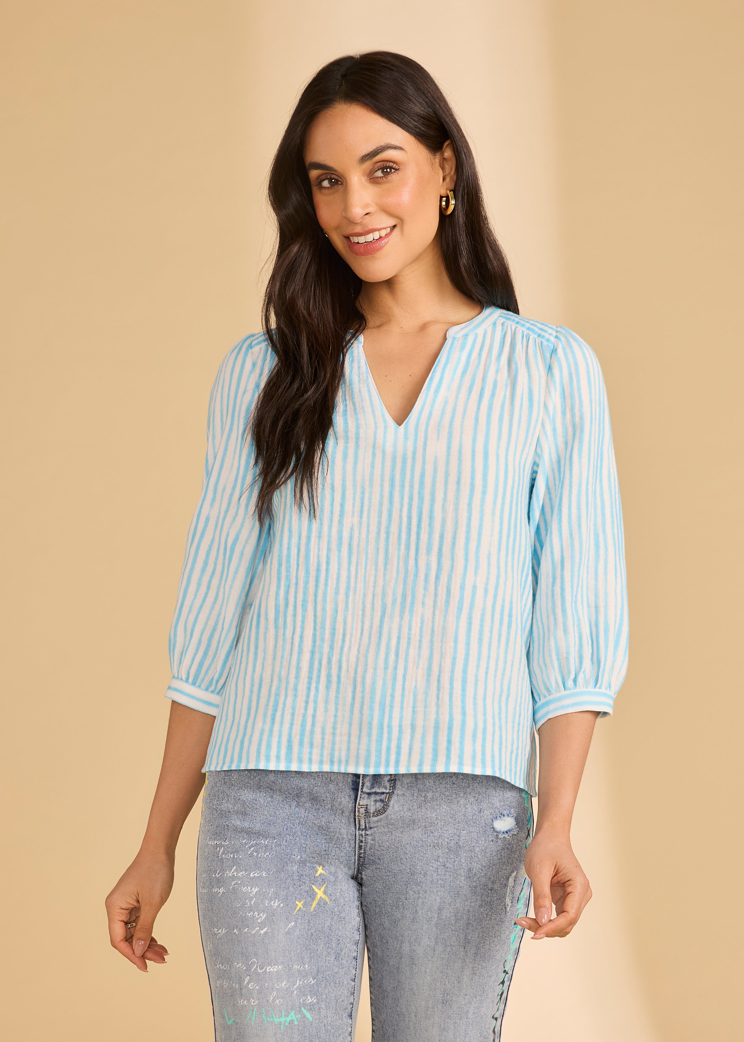 Front view of light blue striped blouse with V-neck and 3/4 sleeves by French Dressing Jeans (FDJ)