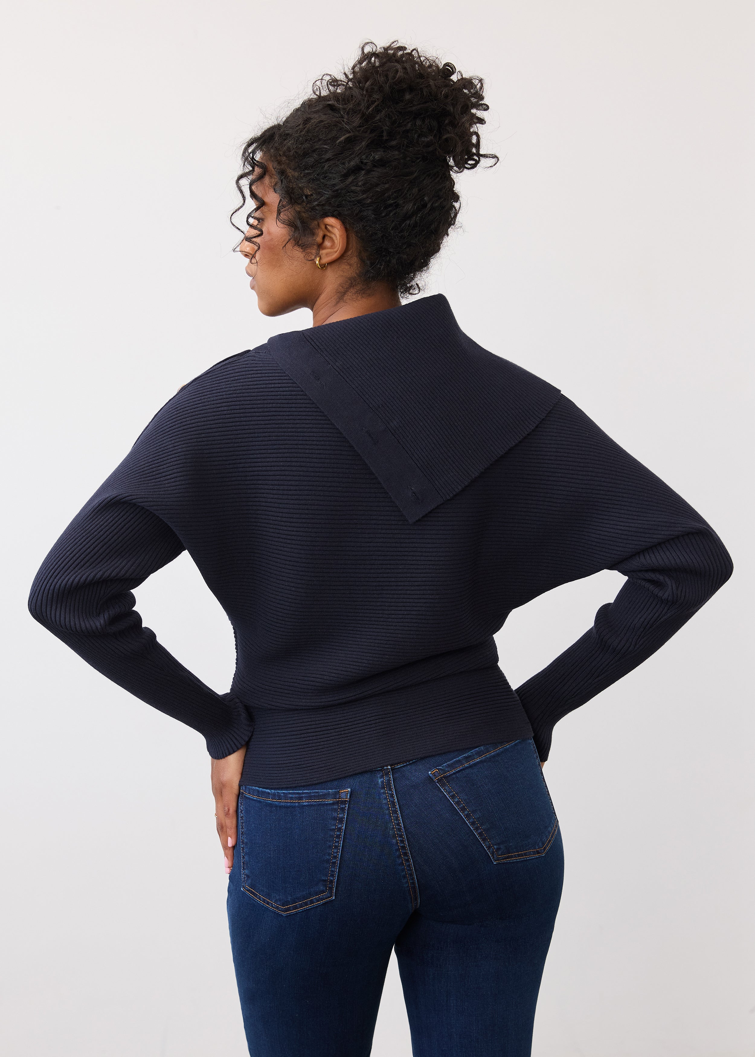 Back view of navy sweater highlighting ribbed texture and buttoned back design by French Dressing Jeans (FDJ)