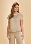 Front view of tan and white striped short-sleeve sweater with relaxed fit by French Dressing Jeans (FDJ)
