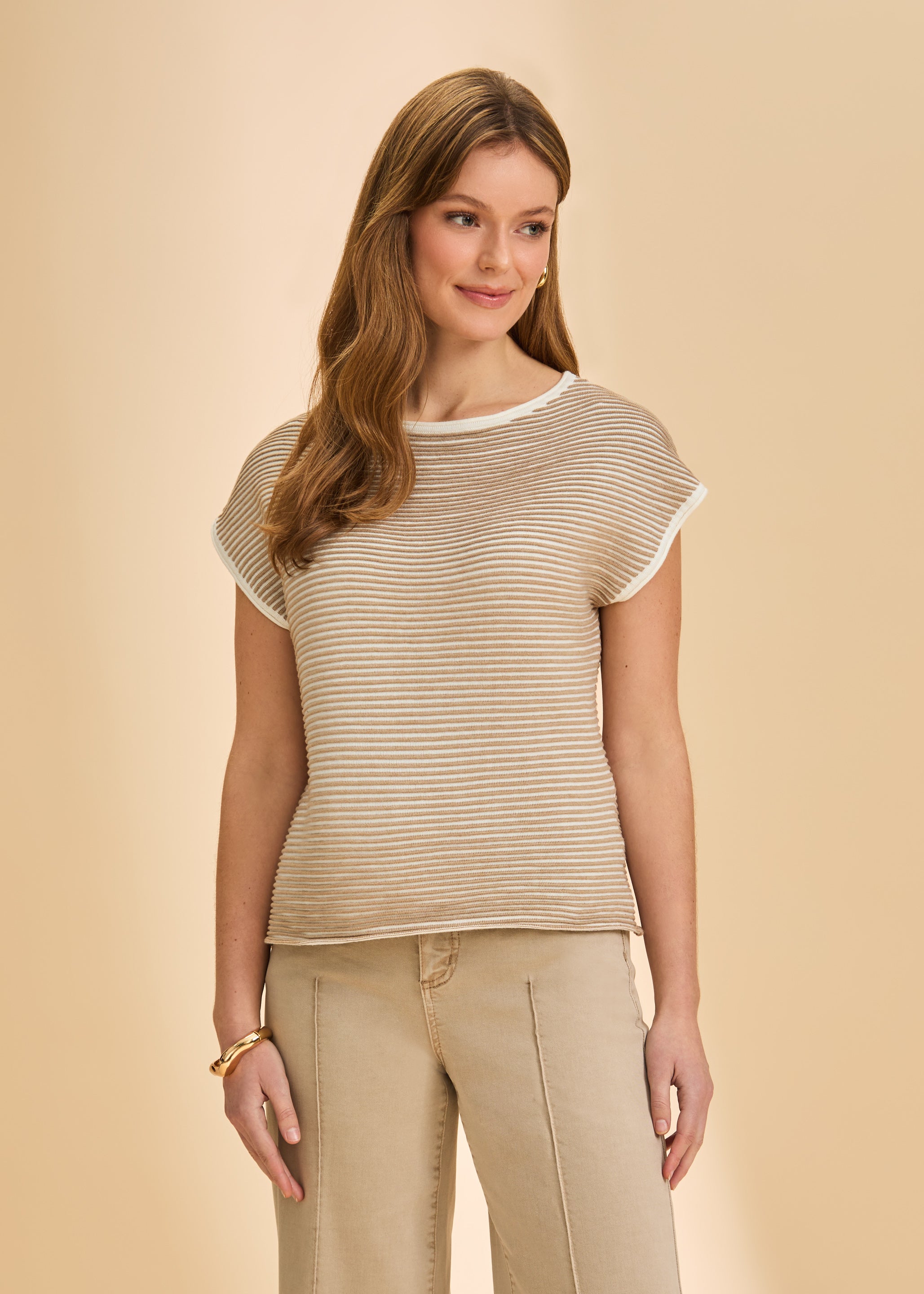 Front view of tan and white striped short-sleeve sweater with relaxed fit by French Dressing Jeans (FDJ)