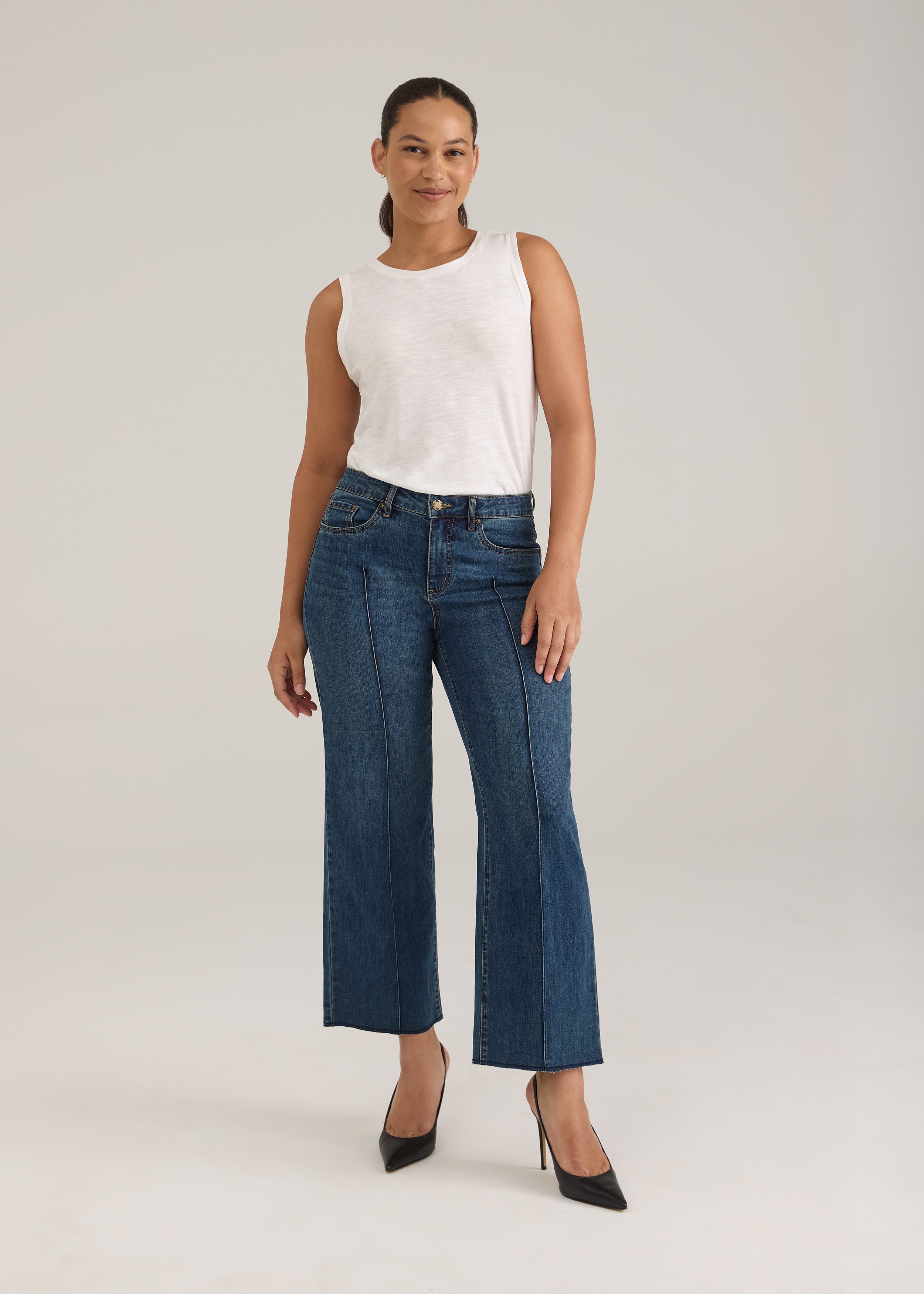Full front view of Olivia wide ankle denim in dark wash with mid-rise and statement fit by French Dressing Jeans (FDJ)