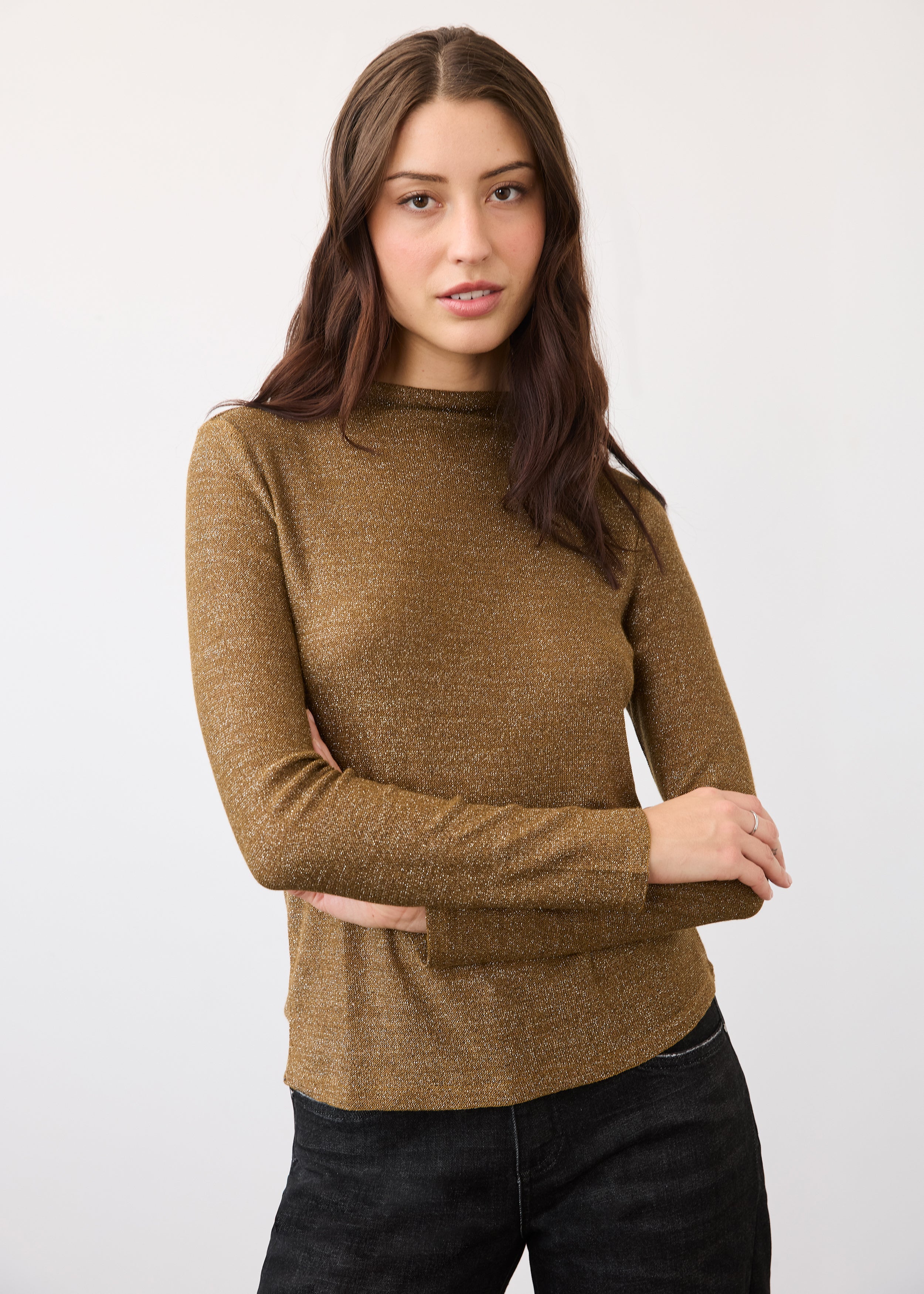 Front view of gold shimmer top with long sleeves and fitted design by French Dressing Jeans (FDJ)