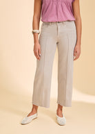 Close-up of taupe wide-leg pants with front pockets by French Dressing Jeans (FDJ)