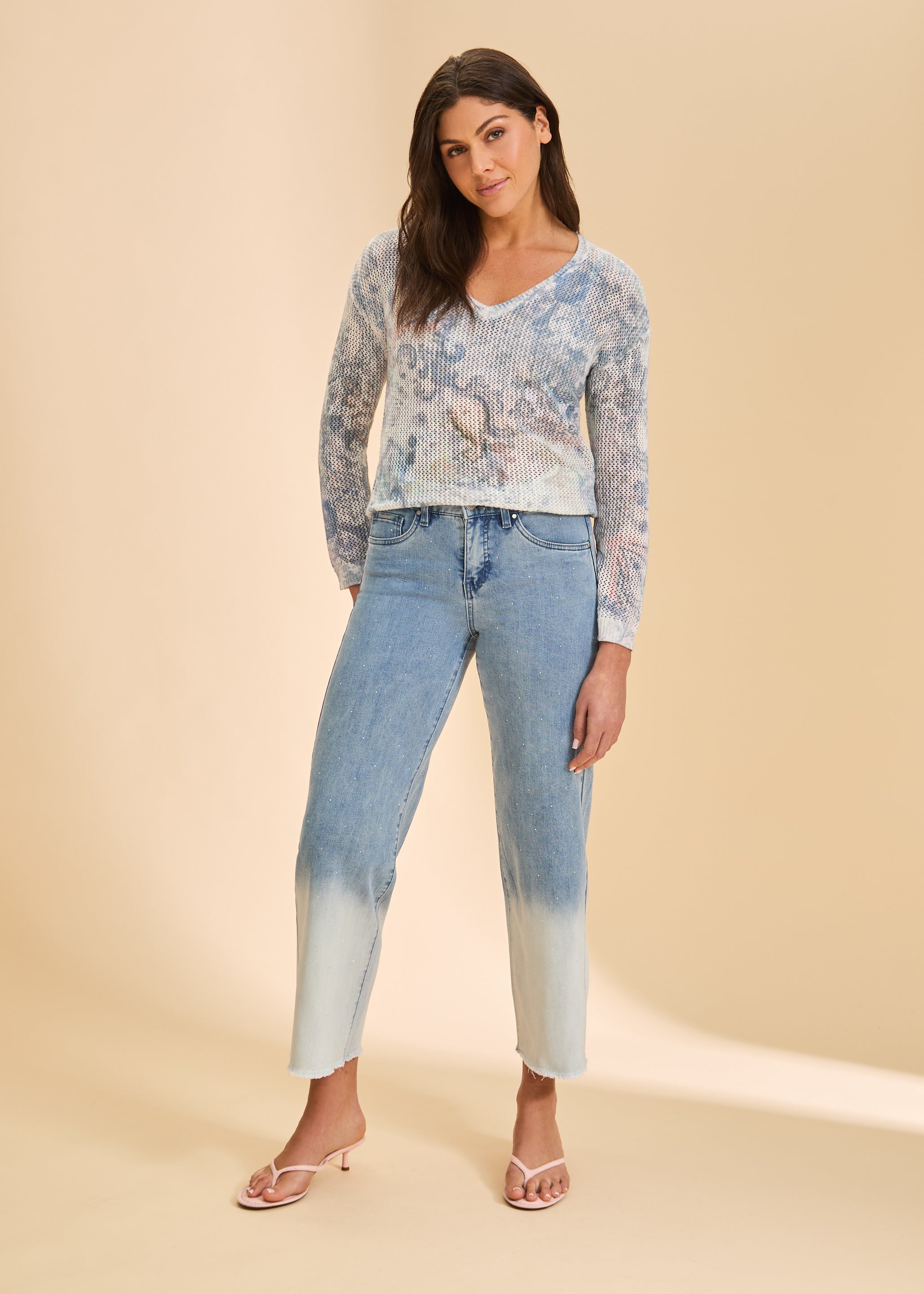 Full view of faded blue straight leg jeans with ombre effect by French Dressing Jeans (FDJ)