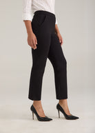 Side view of black Ponte pants highlighting straight ankle cut and front pockets by French Dressing Jeans (FDJ)