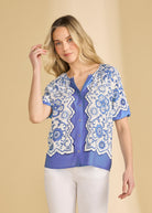 Front view of Sundial printed shirt showing V-neck and button front design by French Dressing Jeans (FDJ)