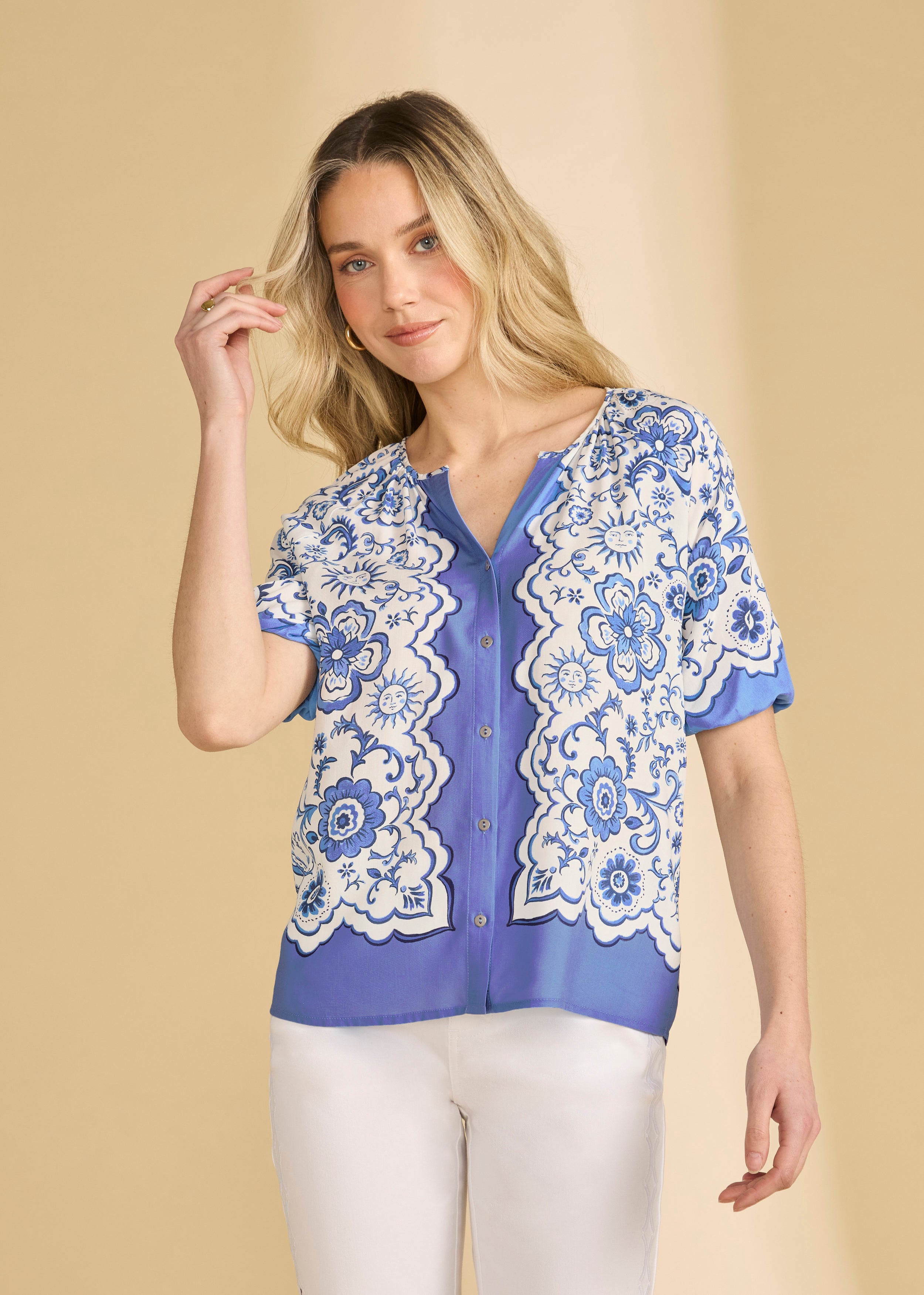 Front view of Sundial printed shirt showing V-neck and button front design by French Dressing Jeans (FDJ)