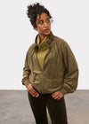 Front view of wide leg olive jacket and pants ensemble with zipper detail by French Dressing Jeans (FDJ)