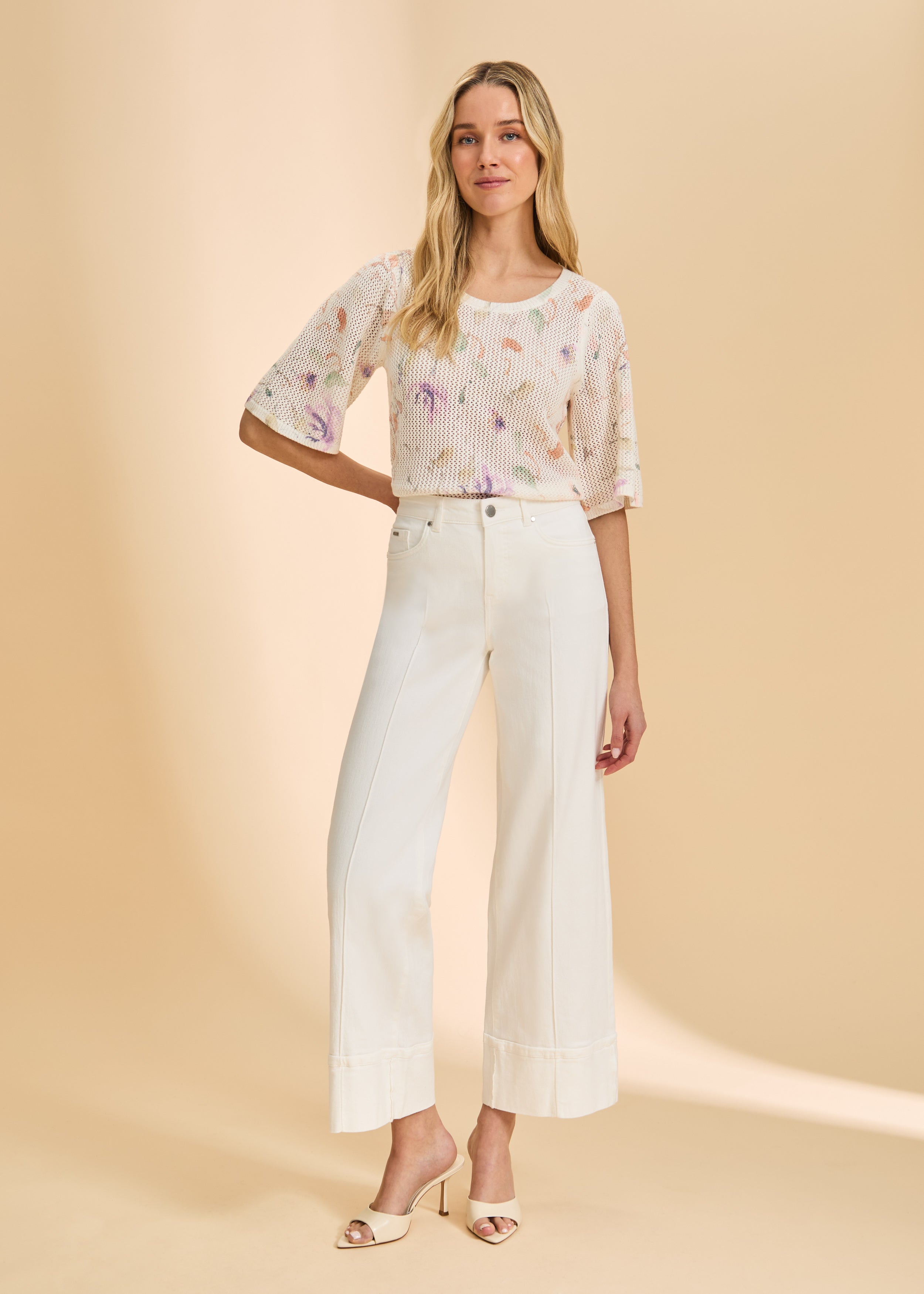 Front view of white wide-leg jeans with seam detailing by French Dressing Jeans (FDJ)