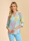Front view of pastel patterned top with button detail by French Dressing Jeans (FDJ)