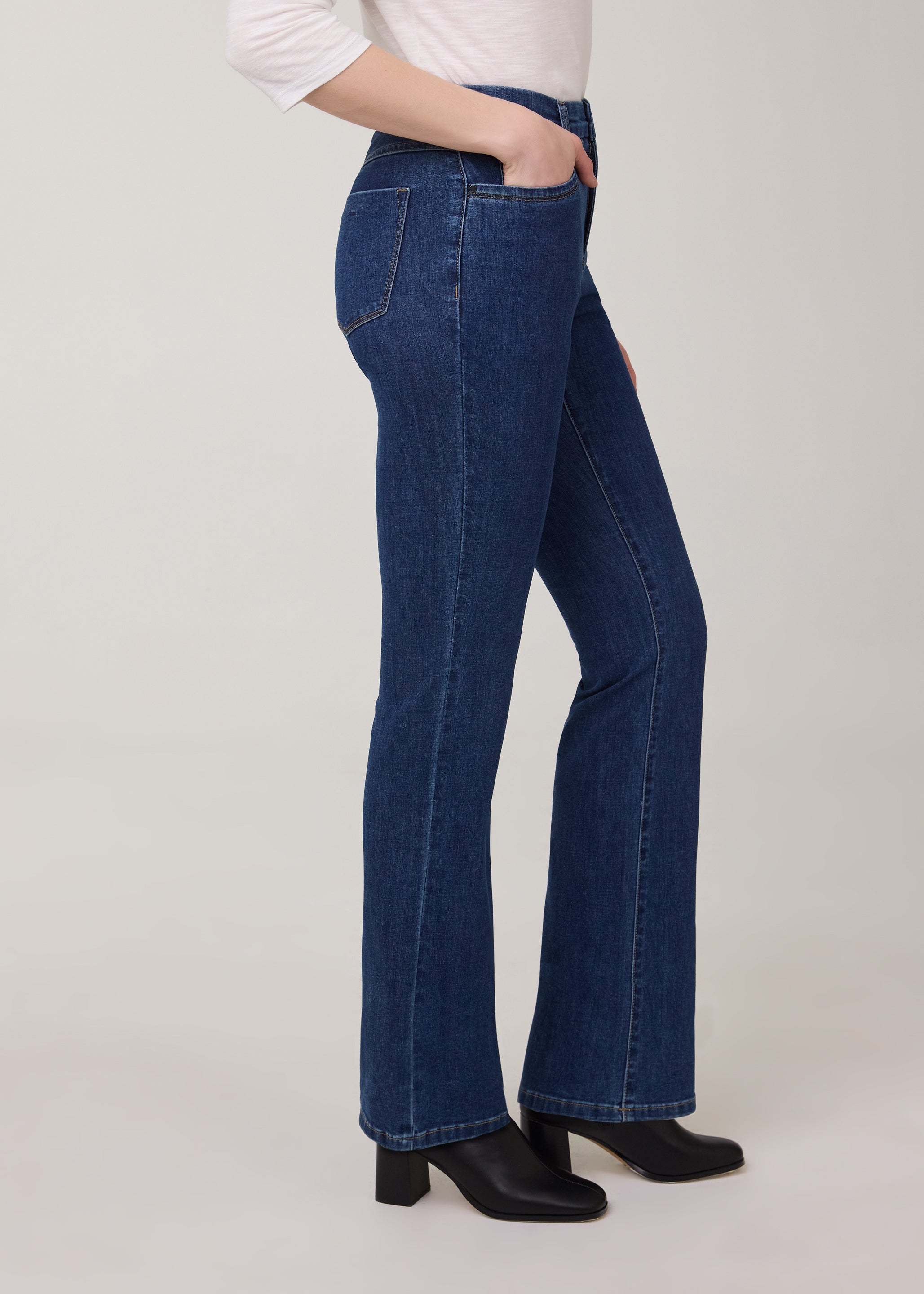Side view of bootcut denim jeans in dark Delight color by French Dressing Jeans (FDJ)