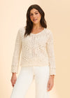 Front view of off-white crochet sweater with intricate lace pattern by French Dressing Jeans (FDJ)