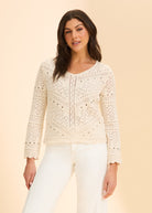 Front view of off-white crochet sweater with intricate lace pattern by French Dressing Jeans (FDJ)