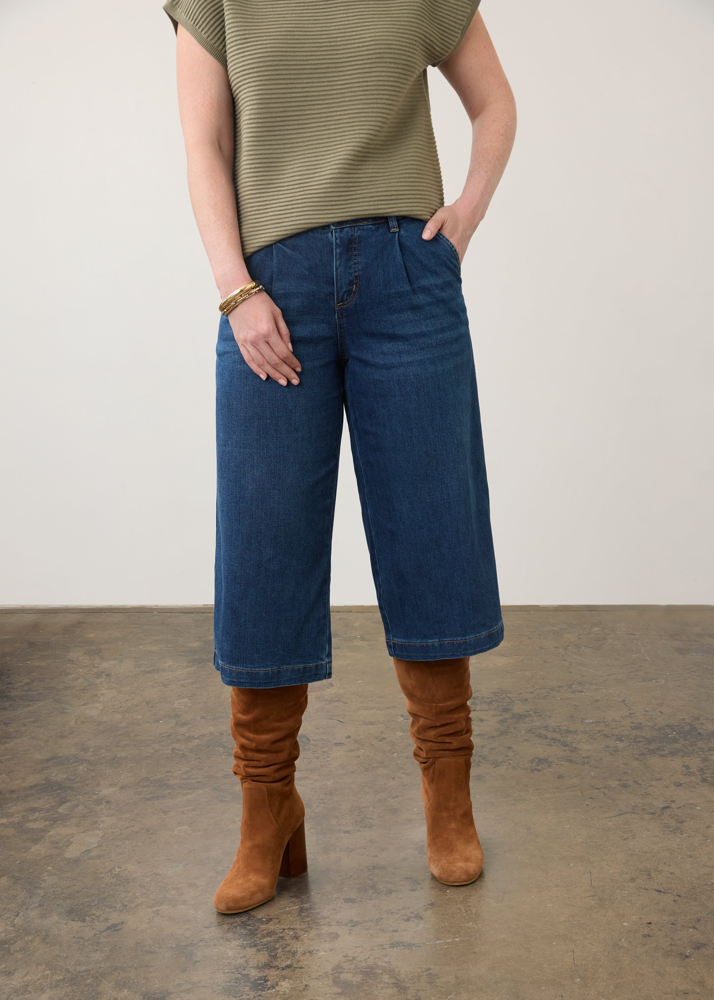 Front view of dark wash gaucho denim showing pleated design and front patch pockets by French Dressing Jeans (FDJ) par French Dressing Jeans (FDJ)