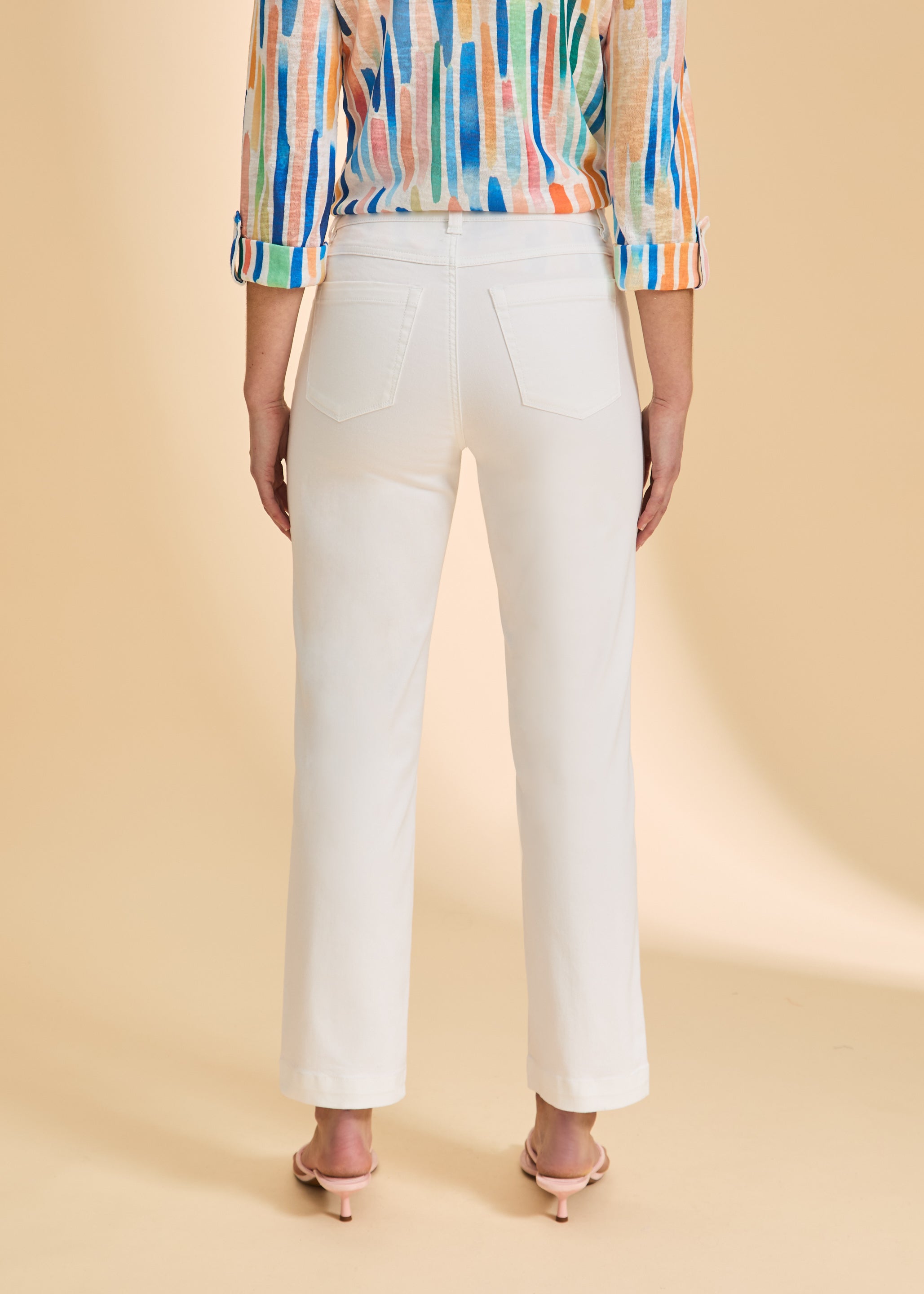 White wide-leg pants back view showing patch pockets by French Dressing Jeans (FDJ)