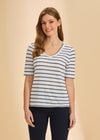Front view of blue striped V-neck short sleeve top with classic nautical style by French Dressing Jeans (FDJ)