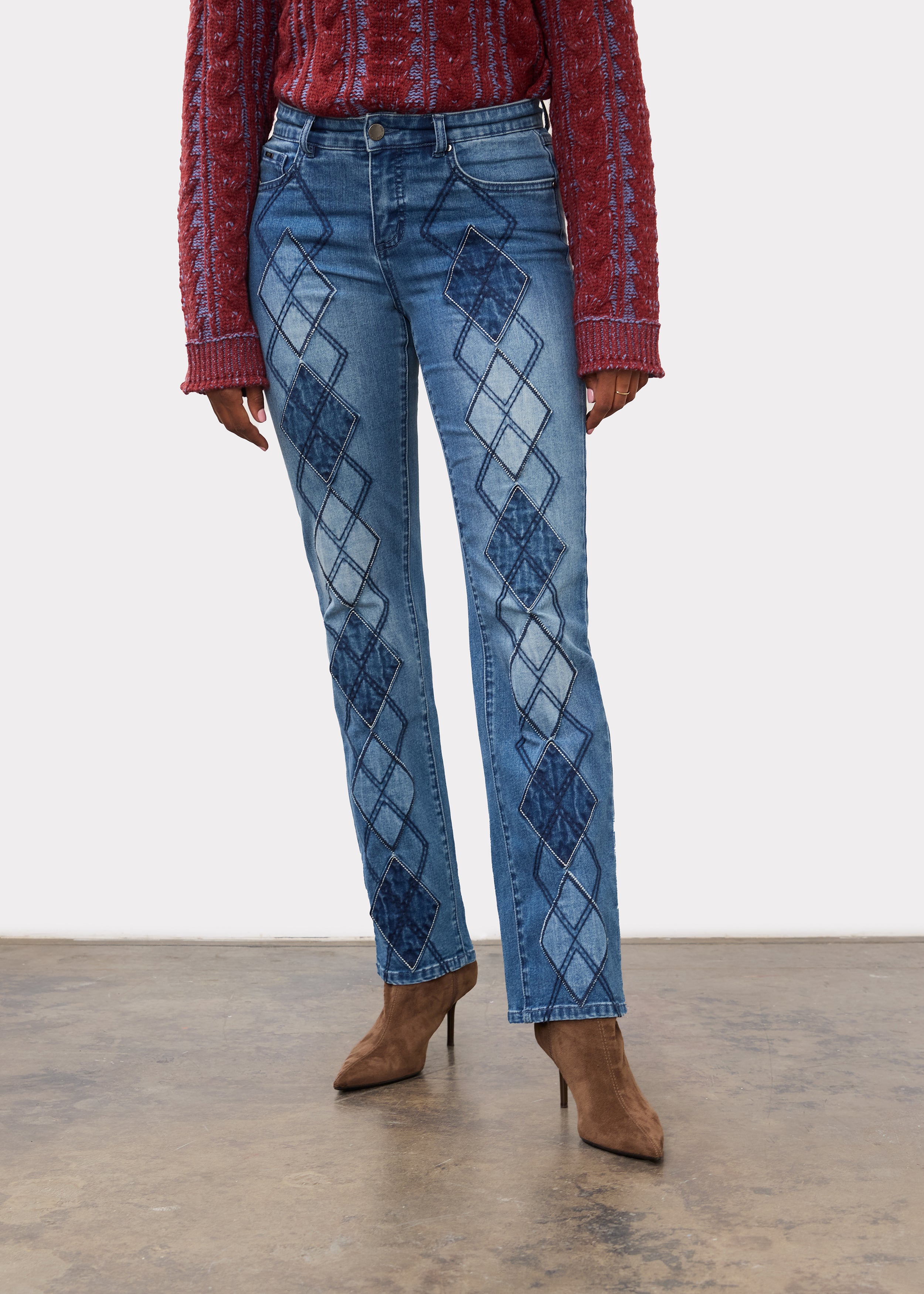 Indigo jeans front view showcasing diamond patchwork and straight leg design by French Dressing Jeans (FDJ)