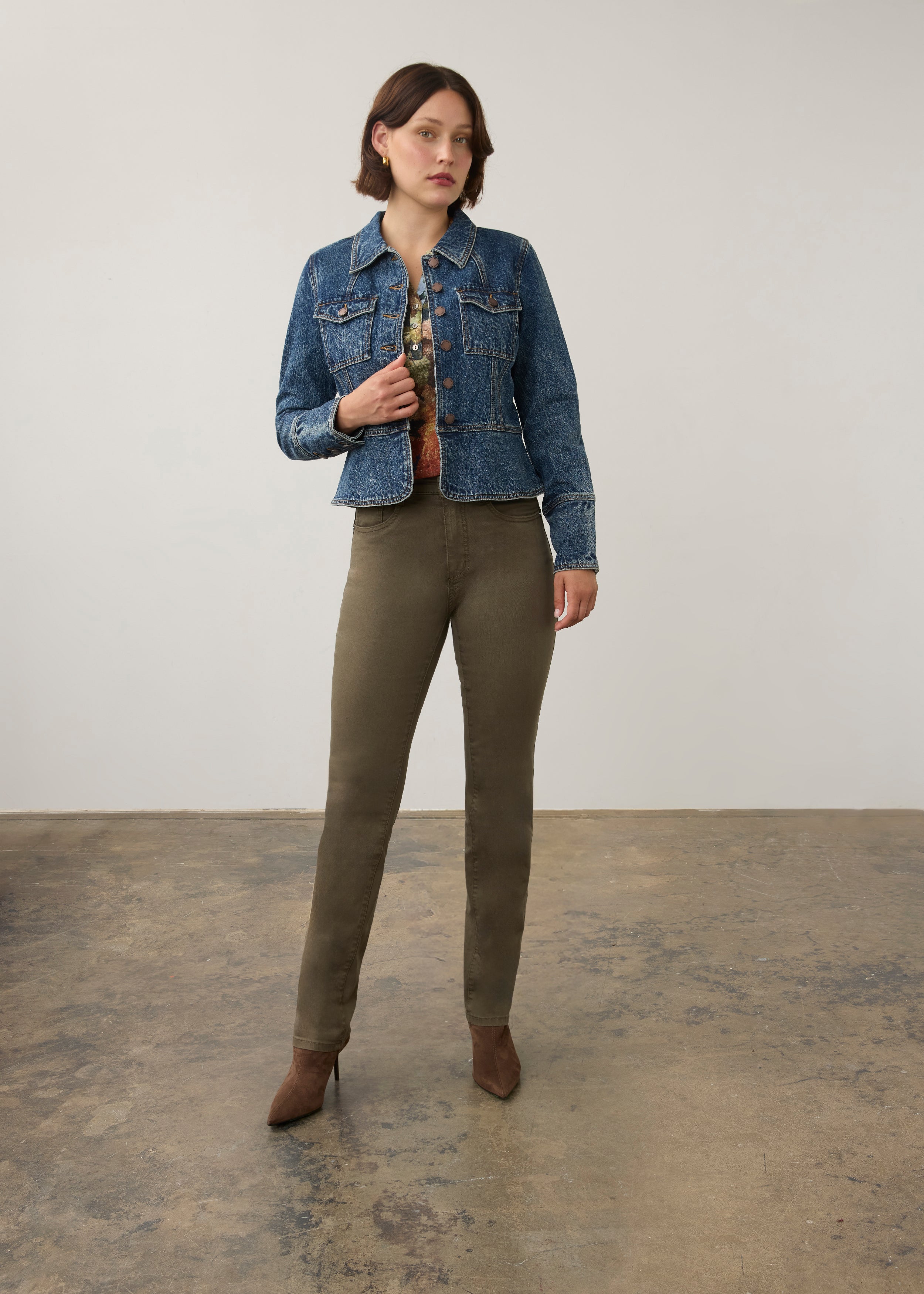 Full view of medium blue utility jacket styled with khaki pants by French Dressing Jeans (FDJ) par French Dressing Jeans (FDJ)