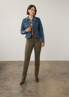 Full view of medium blue utility jacket styled with khaki pants by French Dressing Jeans (FDJ) par French Dressing Jeans (FDJ)