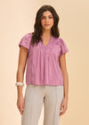 Front view of lavender short-sleeve top with V-neck by French Dressing Jeans (FDJ)