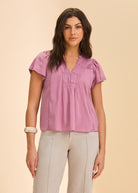 Front view of lavender short-sleeve top with V-neck by French Dressing Jeans (FDJ)