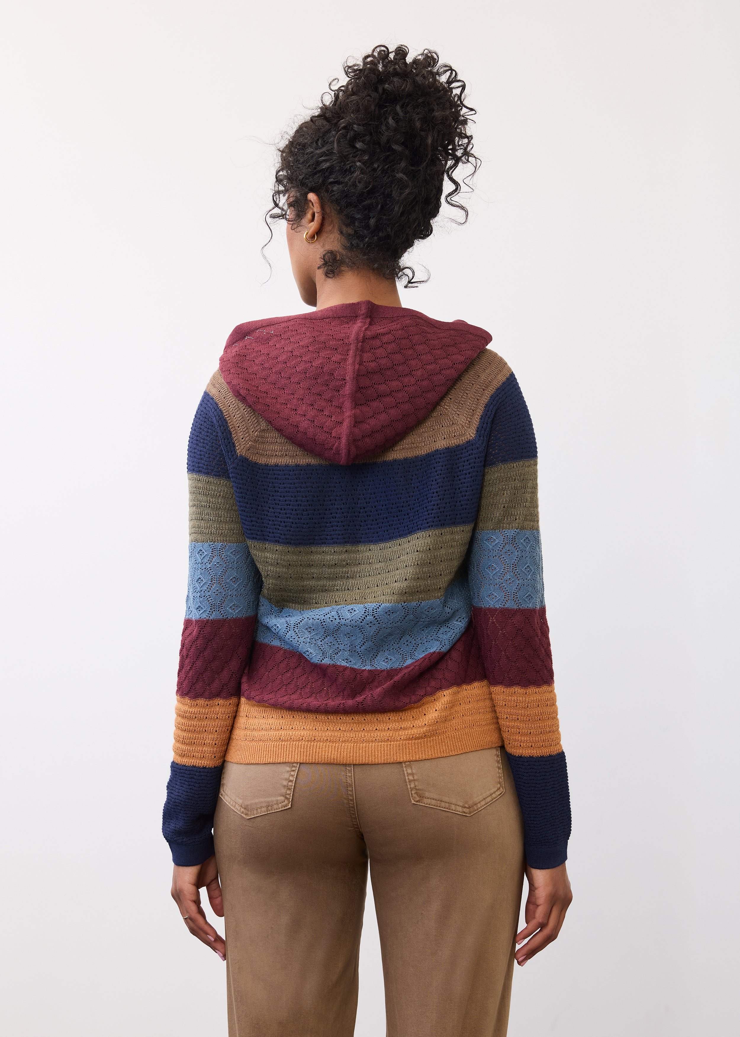 Back view of multicolored hoodie sweater showing the striped pattern and hood by French Dressing Jeans (FDJ)