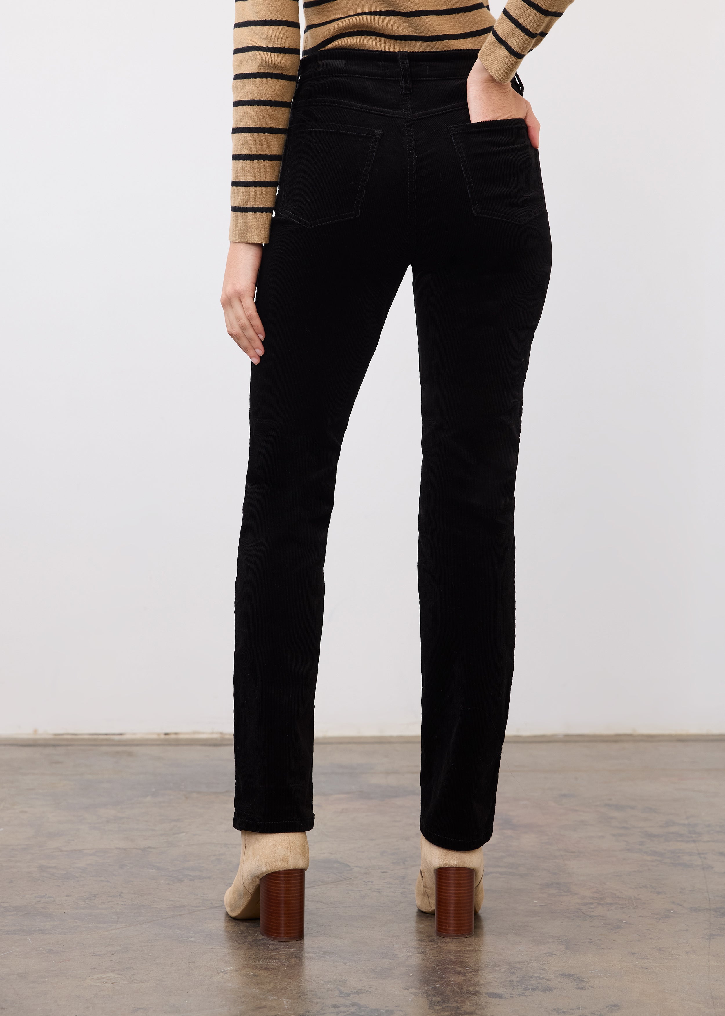 Back view highlighting patch pockets and straight leg fit of Suzanne pant in black by French Dressing Jeans (FDJ)