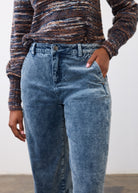 Full view of model in Suzanne pant in blueberry, displaying high-rise and comfort fit by French Dressing Jeans (FDJ)