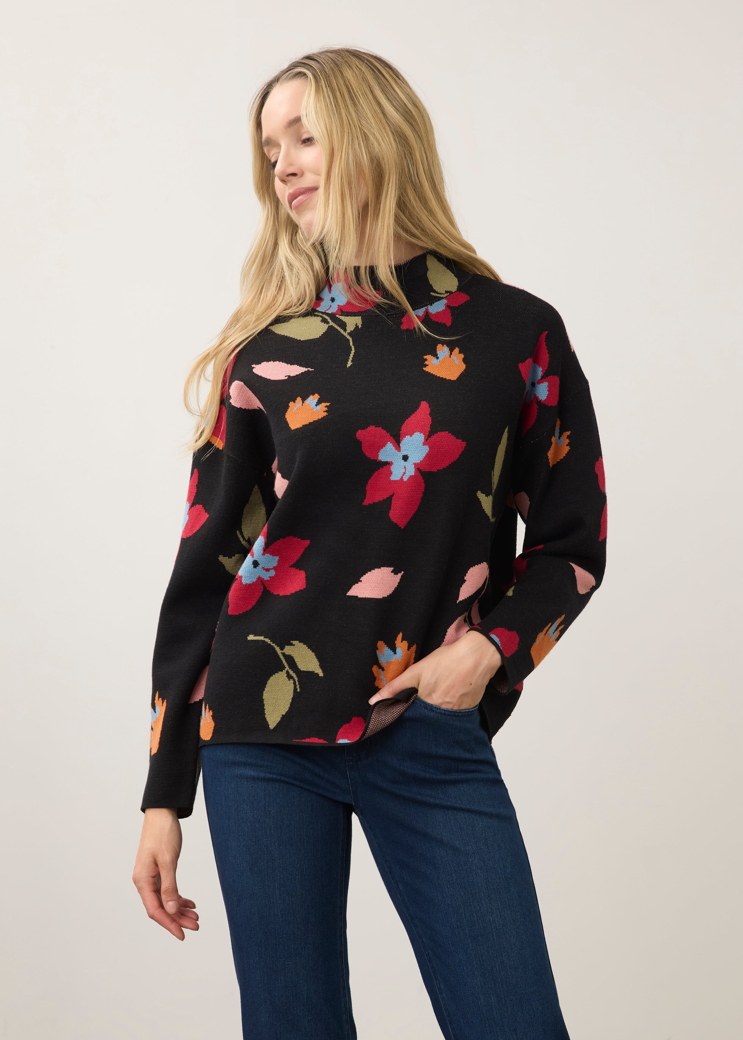 Front view of black floral sweater with colorful patterns by French Dressing Jeans (FDJ)