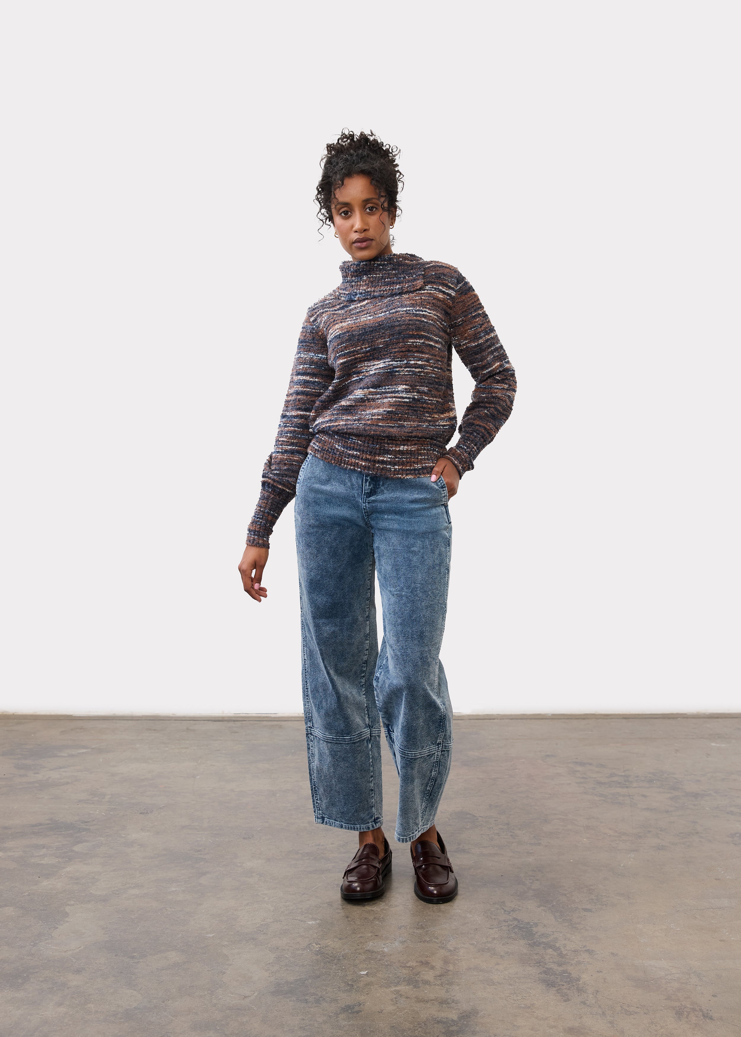 Full body view of indigo spacedye sweater styled with jeans and loafers by French Dressing Jeans (FDJ)