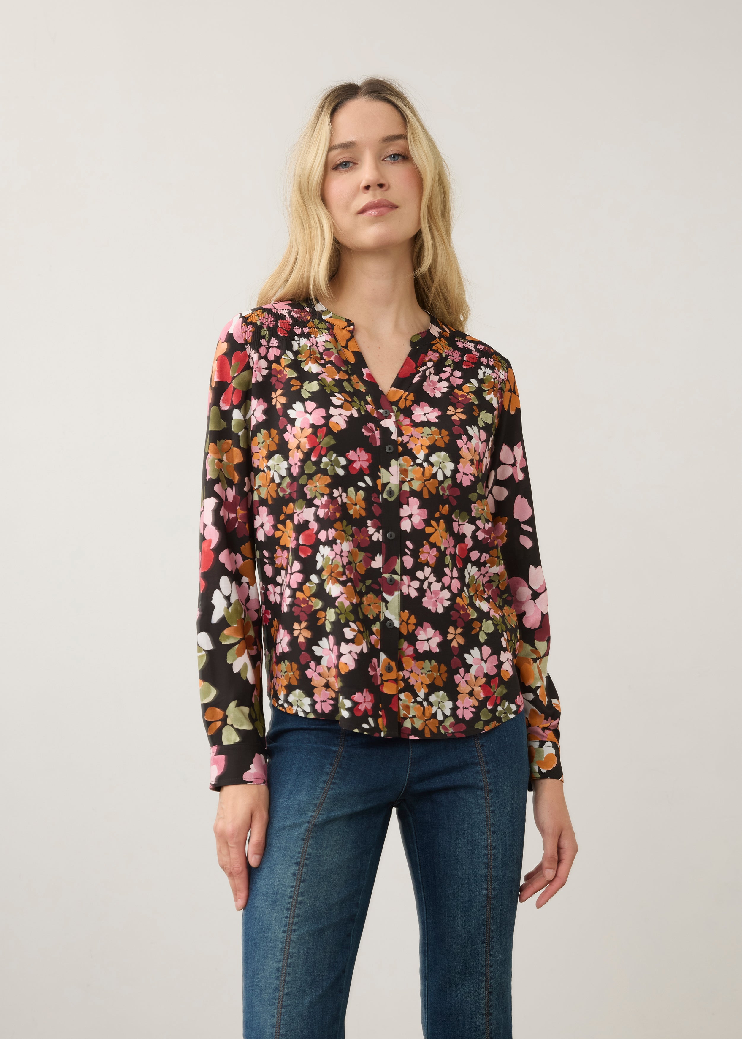 Front view of vibrant floral printed shirt with V-neck by French Dressing Jeans (FDJ)
