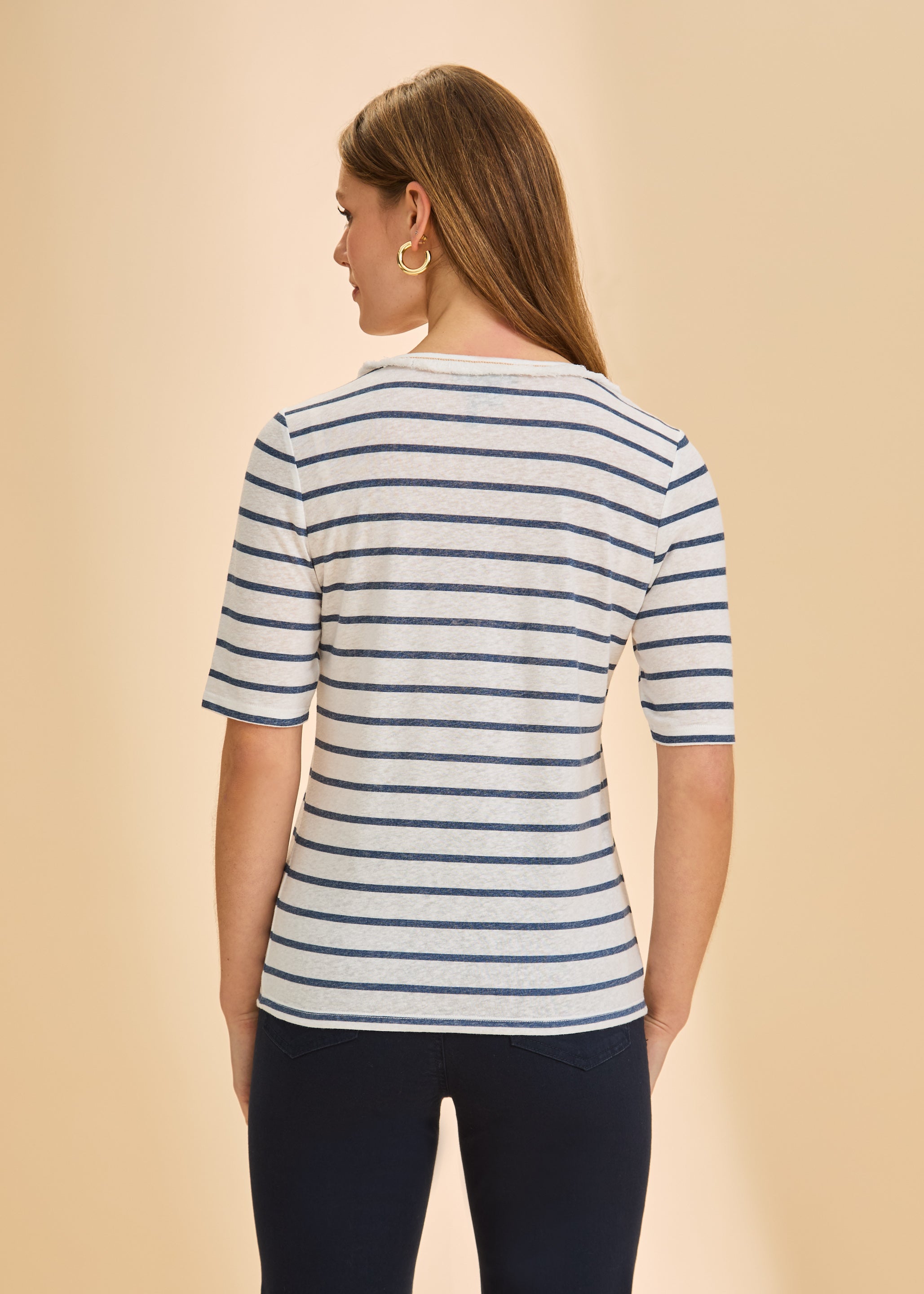 Back view of blue striped V-neck top featuring timeless design by French Dressing Jeans (FDJ)
