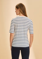 Back view of blue striped V-neck top featuring timeless design by French Dressing Jeans (FDJ)