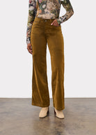 Front view of Olivia wide leg denim in brass with front slash pockets by French Dressing Jeans (FDJ)