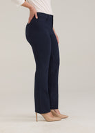 Side profile of navy pants showing ankle length and fit by French Dressing Jeans (FDJ)