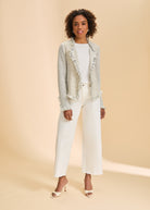 Full body view of cream tweed jacket styled with white pants and heels by French Dressing Jeans (FDJ)