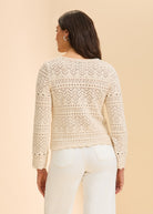 Back view of off-white crochet sweater showing lace details by French Dressing Jeans (FDJ)