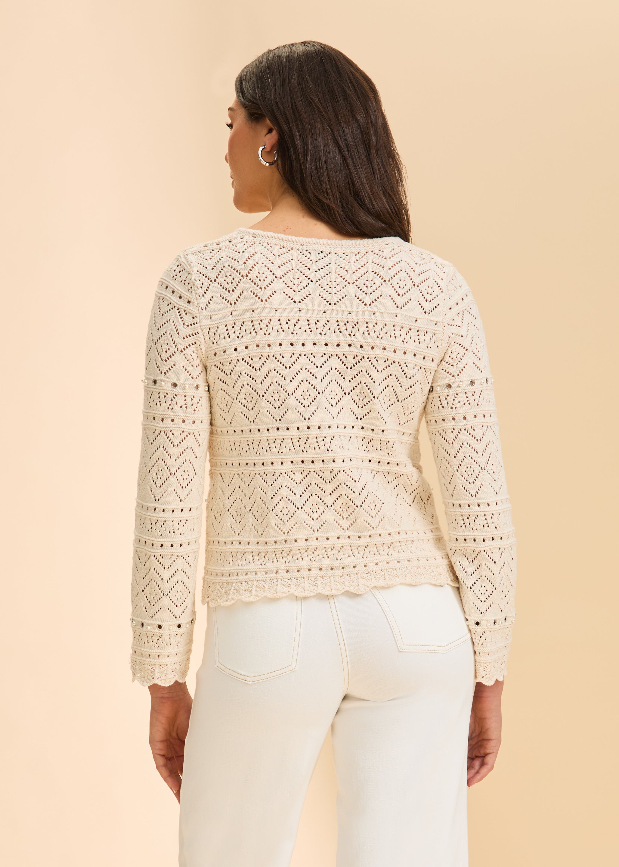 Back view of off-white crochet sweater showing lace details by French Dressing Jeans (FDJ)