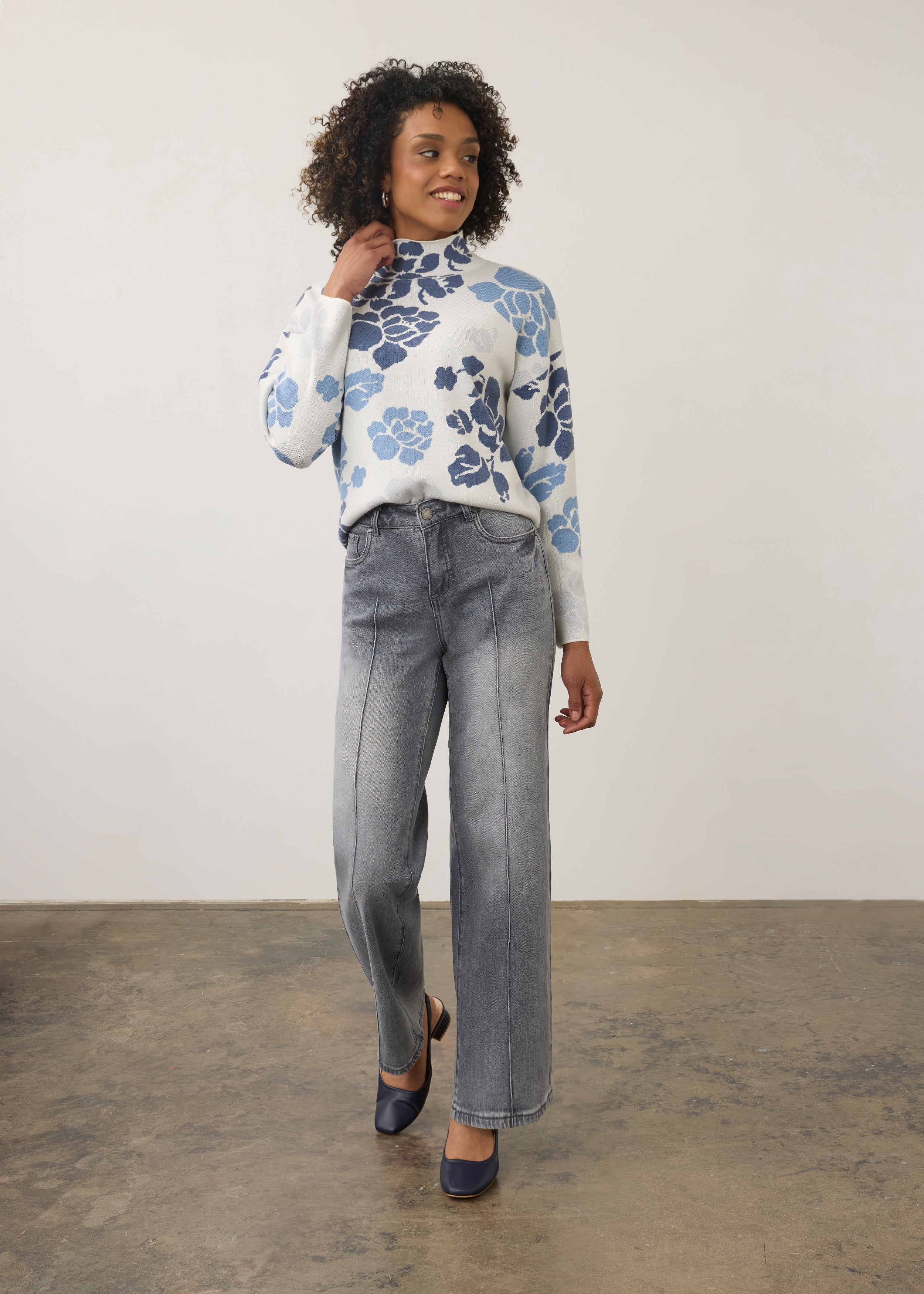 Full front view of blue Olivia denim with pintuck seams and wide leg fit by French Dressing Jeans (FDJ) par French Dressing Jeans (FDJ)