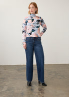 Full body view of dark wash jeans with floral top, emphasizing straight leg cut by French Dressing Jeans (FDJ) par French Dressing Jeans (FDJ)