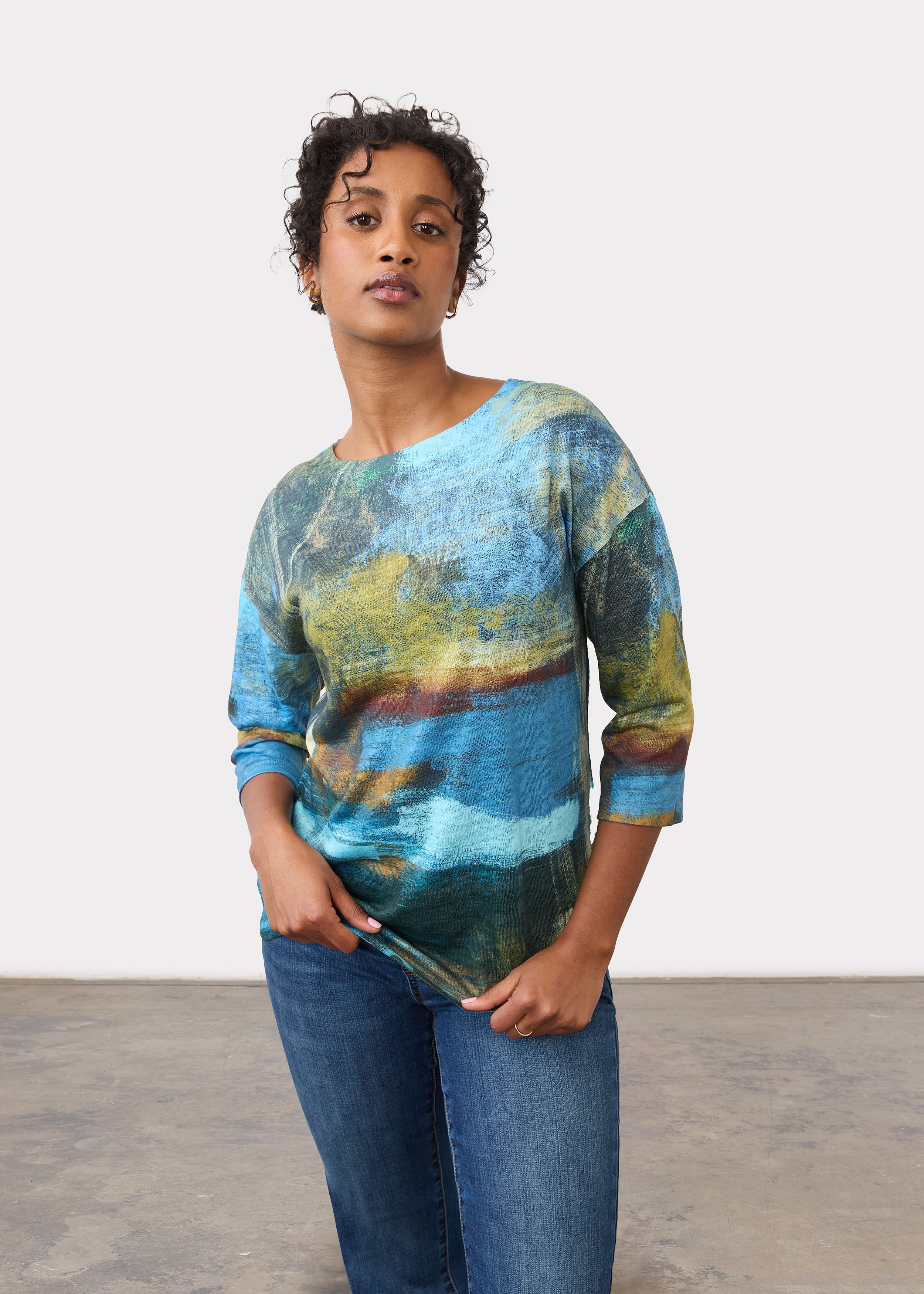 Front view of blue abstract print top with relaxed fit and 3/4 sleeves by French Dressing Jeans (FDJ)