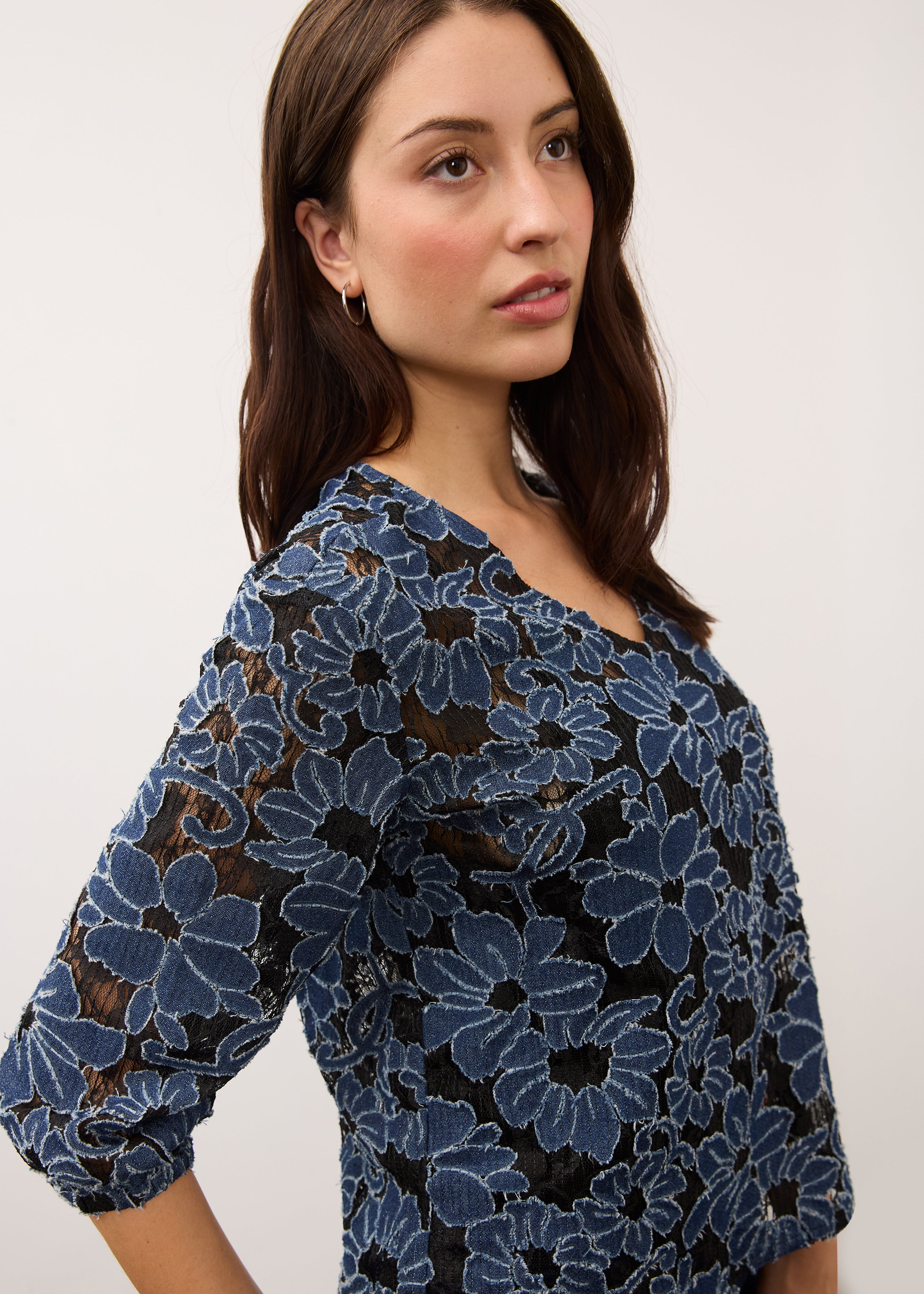 Side view of floral lace blouse highlighting texture and pattern by French Dressing Jeans (FDJ)